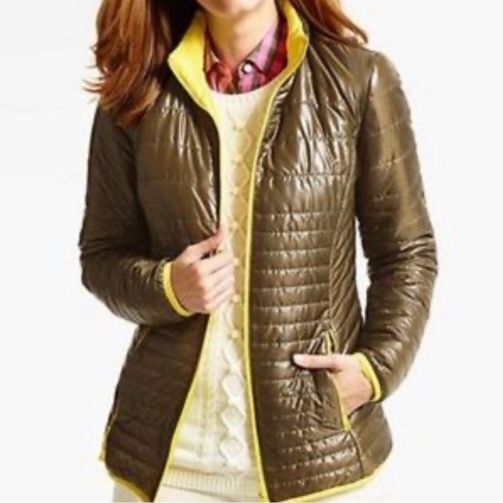 TALBOTS Quilted Puffer Lightweight Olive Green Yellow Jacket Sz L